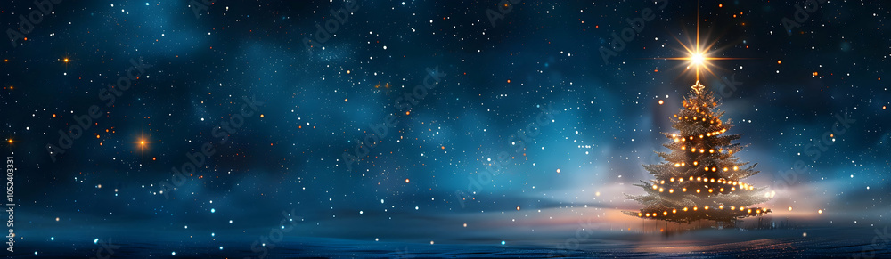 Naklejka premium A panoramic view of the night sky with stars, featuring a single Christmas tree made from twinkling lights on one side. The background is dark blue and black