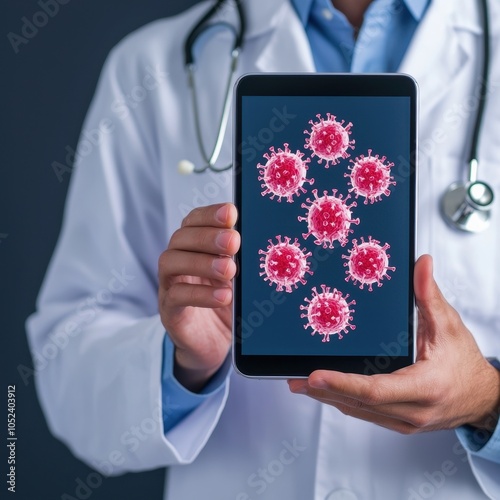 Doctor displaying tablet with virus illustration, focusing on medical technology and health. photo