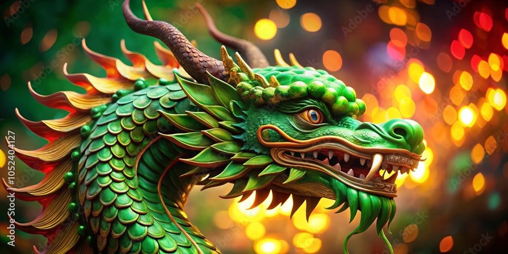 Obraz premium Head of a Green Dragon Sculpture on Emerald Background for Chinese New Year Night Photography