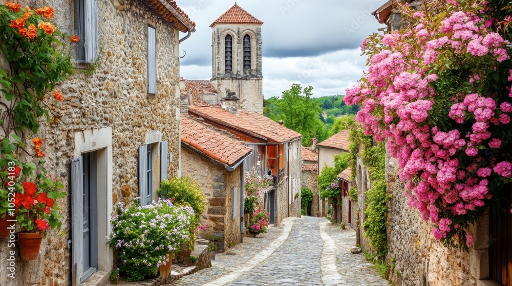 Fototapeta premium Scenic Village Lane with Flowers and Stone Houses