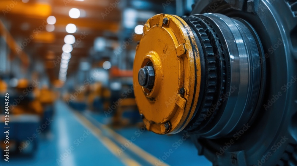 Fototapeta premium A detailed view of an industrial gear highlighting its intricate design and functionality in a busy manufacturing facility, capturing the essence of modern engineering