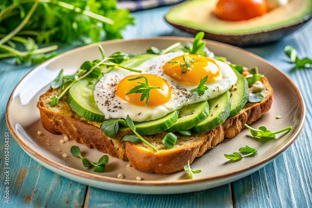 Healthy Breakfast with Sourdough Toast, Avocado, Arugula, and Fried Eggs for a Nutritious Start to Your Day Healthy Breakfast with Sourdough Toast, Avocado, Arugula, and Fried Eggs for a Nutritious Start to Your Day