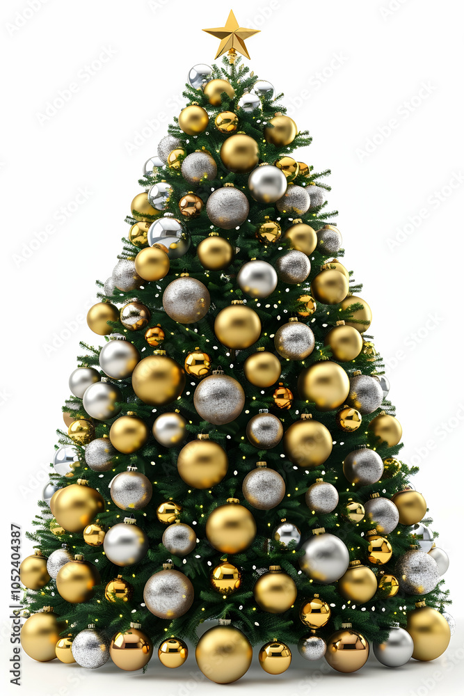 A large Christmas tree decorated with golden and silver ornaments A large Christmas tree decorated with golden and silver ornaments