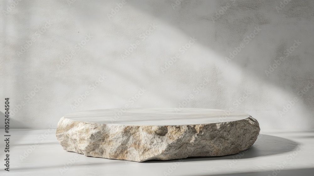 A minimalist stone table with a smooth surface, set against a textured wall. A minimalist stone table with a smooth surface, set against a textured wall.