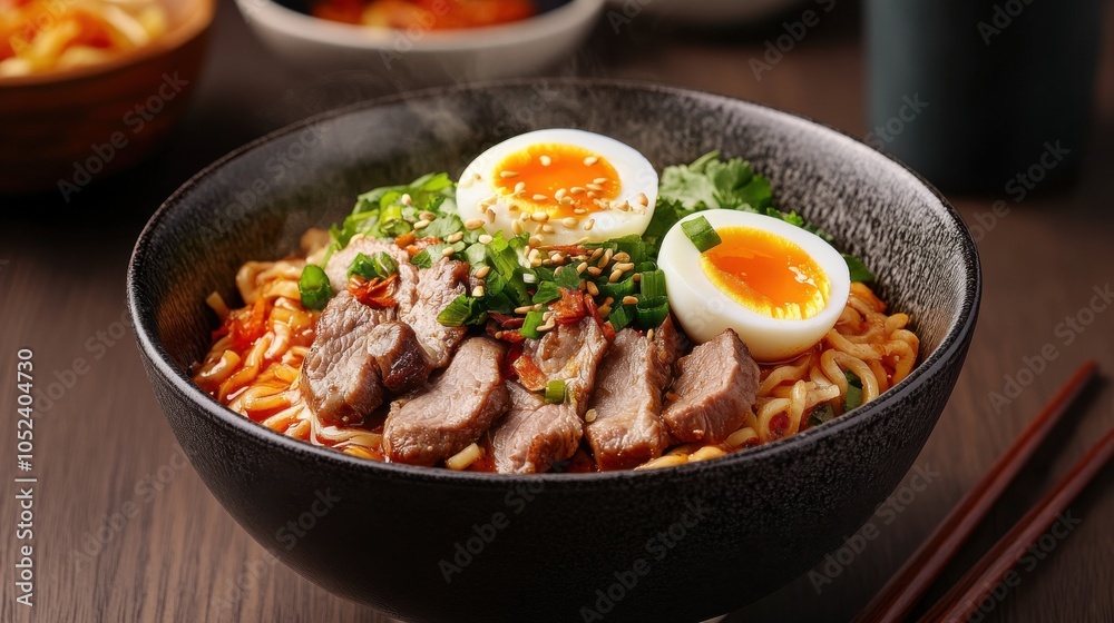 Steaming Bowl of Noodles with Toppings Steaming Bowl of Noodles with Toppings
