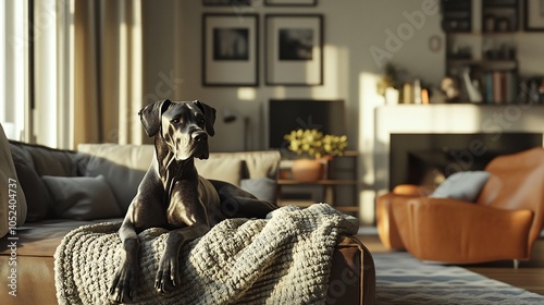 Relaxed Great Dane Dog on Couch in Modern Living Room