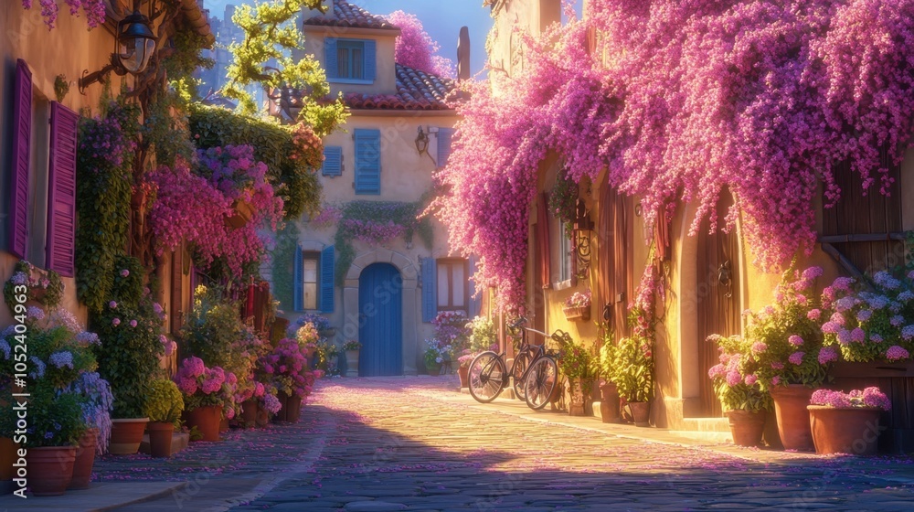 Fototapeta premium Serene Flower-Laden Street in a Charming Village