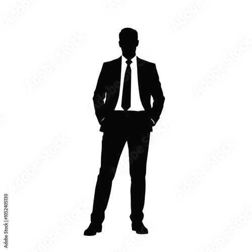 a business man standing pose vector silhouette, black color silhouette, isolated white background