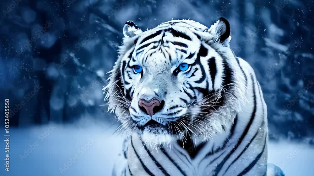 AI-Generated close up of a big white tiger standing. Bleached tiger of India in a snowy forest and winter background.