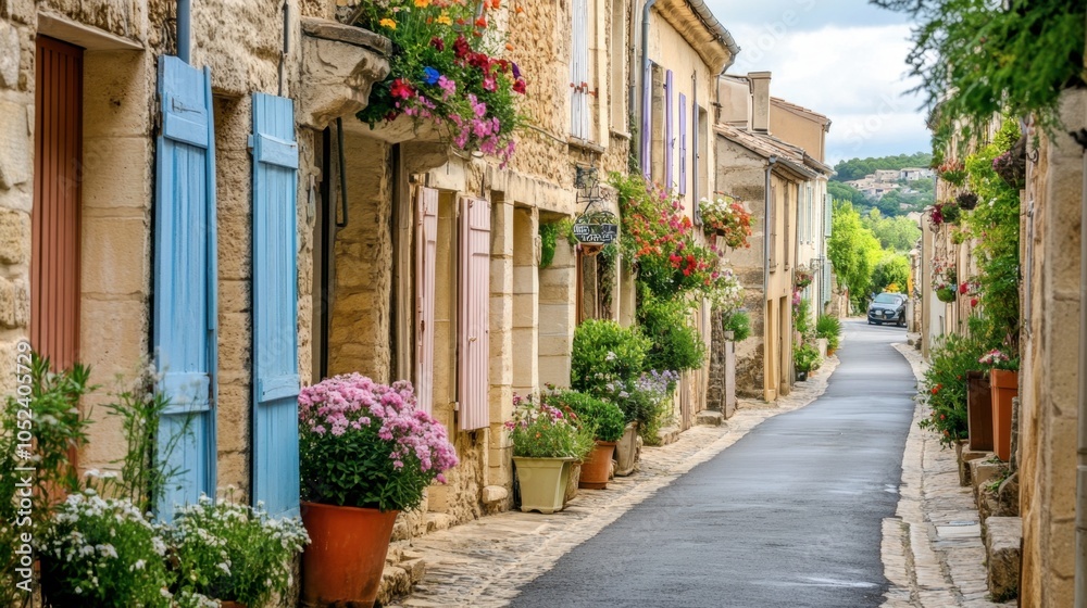 Fototapeta premium Charming Cobblestone Street with Colorful Flowers