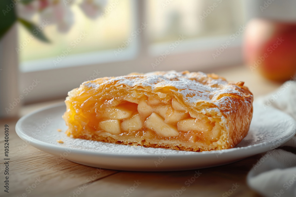 A Slice Of Golden Apple Strudel On A White Plate. The Strudel Is Sprinkled With Powdered Sugar. The Flaky Crust Contrasts Perfectly With The Juicy Apple Filling. Traditional Dessert Cooking.