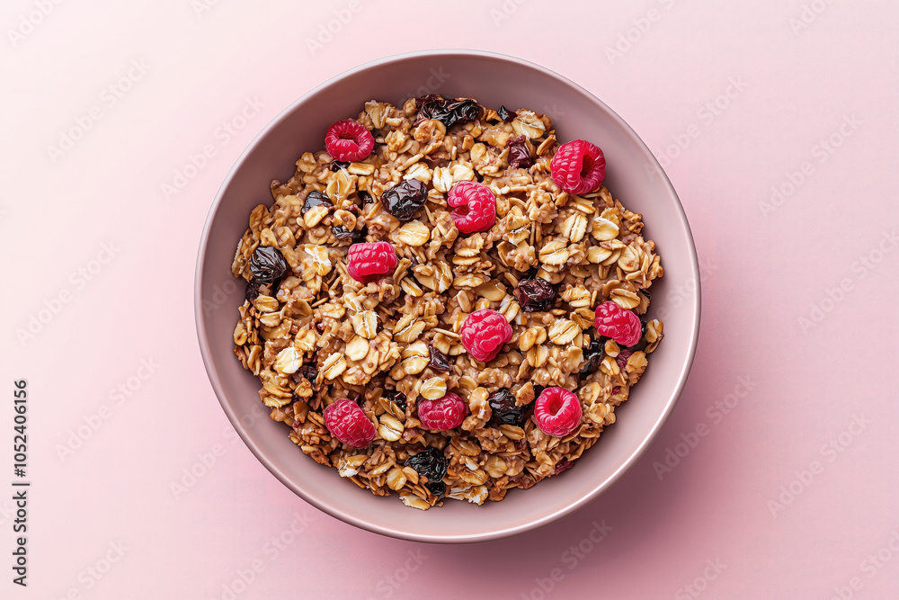 Homemade Crunchy Granola with Fresh Raspberries and Dried Cherries in Pink Bowl on Pastel Pink Background, Top View of Healthy Breakfast, Clean Eating Food