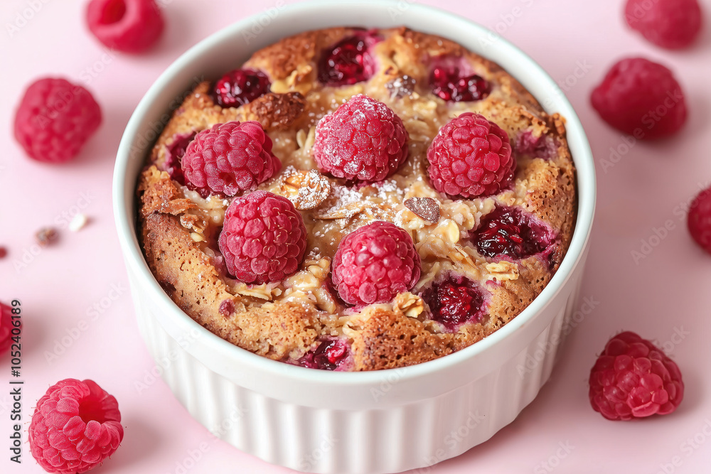 Baked Oats With Raspberries. Fresh Raspberry Baked Oatmeal Pudding In White Ramekin, Healthy Breakfast Dessert With Berries On Pink Background, Closeup Macro Food