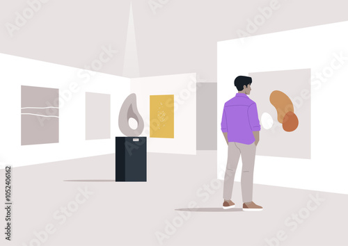 In a sleek modern gallery, a character stands captivated by an abstract painting, surrounded by vibrant artwork and soft lighting