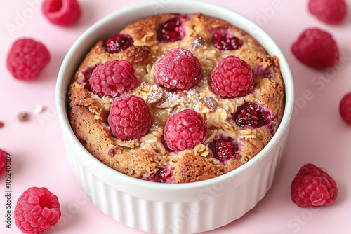 Obraz na płótnie Baked Oats With Raspberries. Fresh Raspberry Baked Oatmeal Pudding In White Ramekin, Healthy Breakfast Dessert With Berries On Pink Background, Closeup Macro Food w salonie