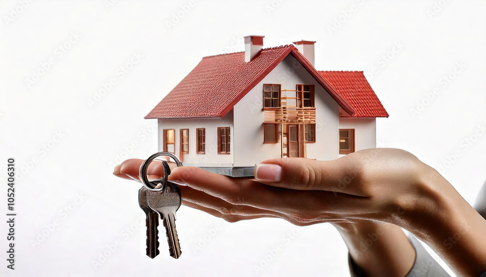 House Model And Keys In Female Hand On White Background, Real Estate Agent Offering New Home, Property Purchase And Ownership Concept