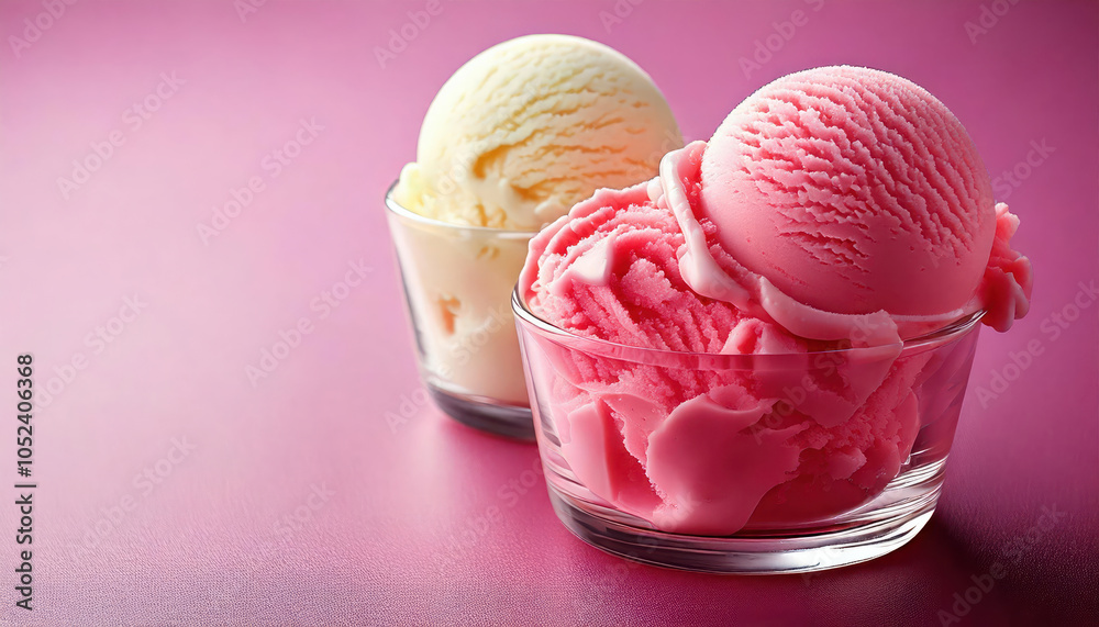 Strawberry And Vanilla Ice Cream Cups In Glass Bowls On Pink Background, Soft Serve Ice Cream Dessert With Creamy Texture, Close-up, Leaving Space To The Left