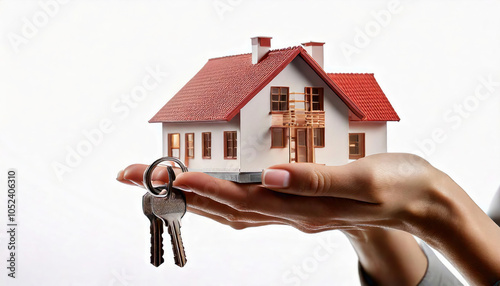 Obraz na płótnie House Model And Keys In Female Hand On White Background, Real Estate Agent Offering New Home, Property Purchase And Ownership Concept w salonie