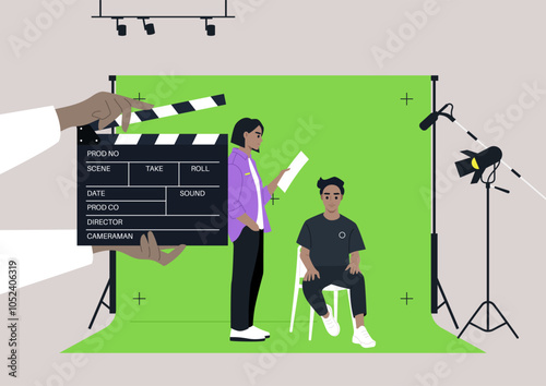 A group of performers in a lively studio setting engage in a practice session, surrounded by green screens, ensuring their movements and expressions are perfectly captured for future editing