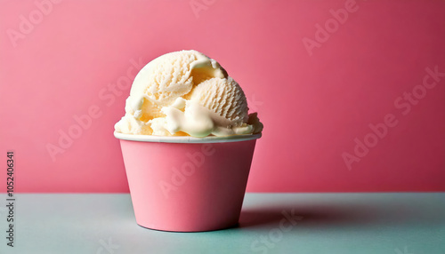 Vanilla Ice Cream Scoop In Pink Paper Cup Against Pastel Background, Minimal Summer Dessert Concept, Artisanal Gelato Photography