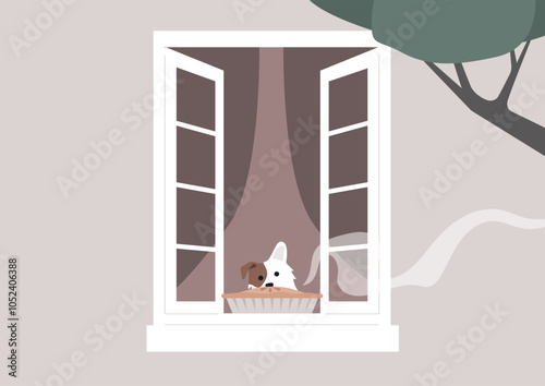 A curious dog peeks out from behind a charming window, its playful eyes fixed on a pie cooling on the windowsill, the tempting aroma drifting through the air as it contemplates sneaking a taste