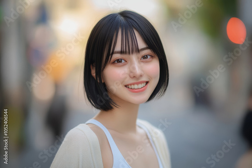 若い女性が晴れた日の街中で笑顔を見せる、柔らかな光に包まれた瞬間 Free Download 若い女性が晴れた日の街中で笑顔を見せる、柔らかな光に包まれた瞬間 - GFXLoad