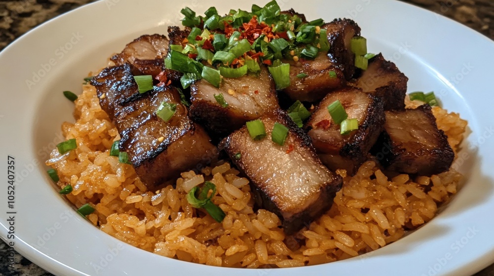 Savory Pork Belly on Flavored Rice Dish Savory Pork Belly on Flavored Rice Dish