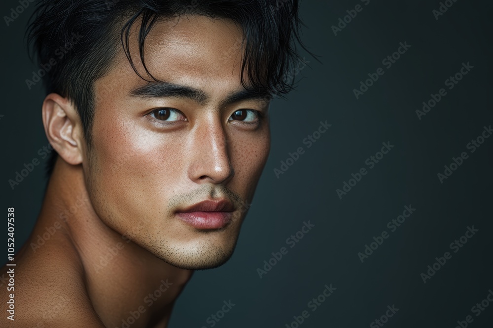 魅力的な男性のポートレート、暗い背景の中で見つめるような視線を持つ青年 魅力的な男性のポートレート、暗い背景の中で見つめるような視線を持つ青年