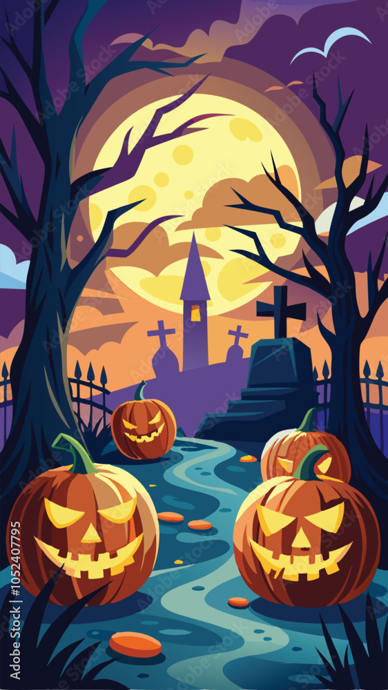 halloween pumpkins in a graveyard with a full moon halloween pumpkins in a graveyard with a full moon