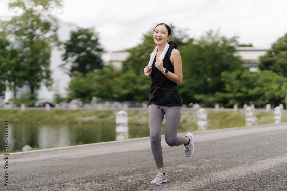 Energetic Runner: A young woman in athletic wear with a towel around her neck, confidently strides along a scenic path, radiating energy and determination. Energetic Runner: A young woman in athletic wear with a towel around her neck, confidently strides along a scenic path, radiating energy and determination.