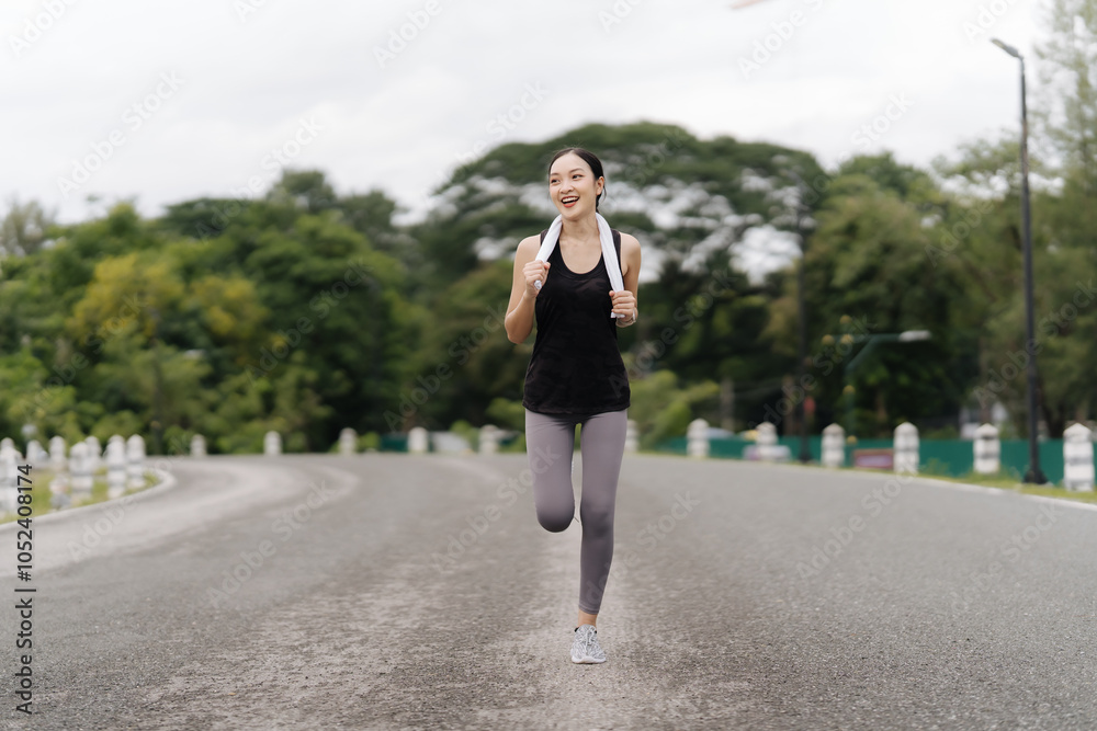 Determined Runner: A young woman in workout attire runs confidently along a paved road, radiating determination and vitality. The lush greenery in the background creates a serene atmosphere. Determined Runner: A young woman in workout attire runs confidently along a paved road, radiating determination and vitality. The lush greenery in the background creates a serene atmosphere.