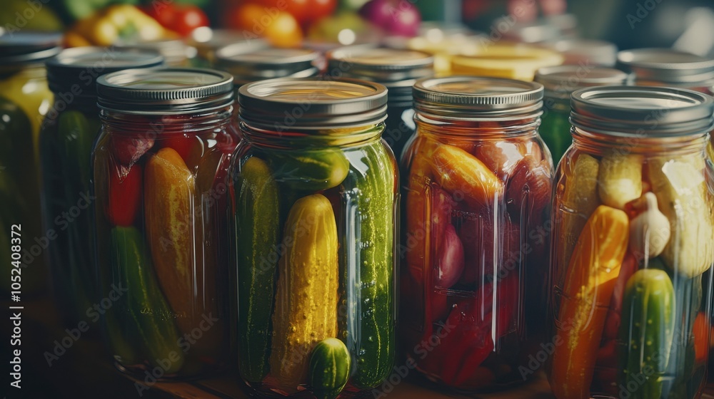 Colorful Jars of Pickled Vegetables on a Table Colorful Jars of Pickled Vegetables on a Table