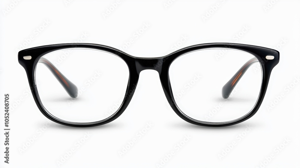 A pair of classic black-rimmed eyeglasses with clear lenses, set against a plain white background, showcasing a timeless and versatile eyewear design. A pair of classic black-rimmed eyeglasses with clear lenses, set against a plain white background, showcasing a timeless and versatile eyewear design.