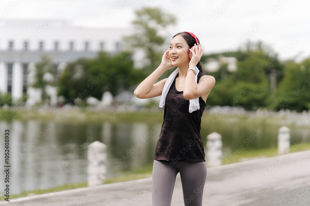 Fototapeta premium Woman Enjoying Music While Running: A young woman in fitness attire, wearing headphones, smiles as she walks on a path beside a pond. She is enjoying music while getting ready for a run.