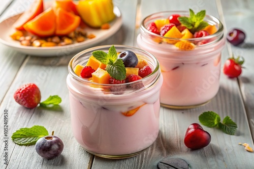 Homemade Pink Fruit Yogurt in Glass Jars on White Table - Candid Photography