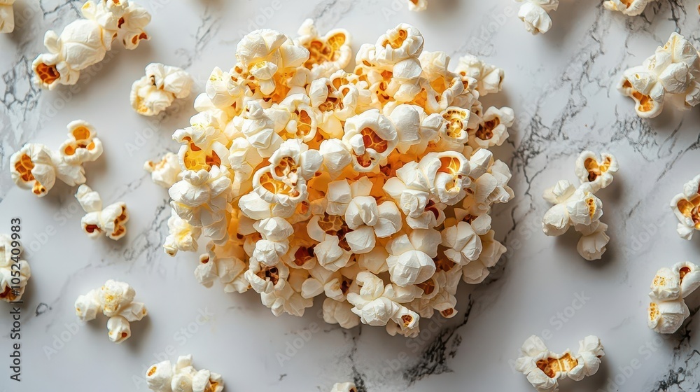 top-down view of fluffy popcorn scattered on a clean surface, highlighting the texture and buttery sheen, perfect for a movie night and appealing to snack enthusiasts top-down view of fluffy popcorn scattered on a clean surface, highlighting the texture and buttery sheen, perfect for a movie night and appealing to snack enthusiasts