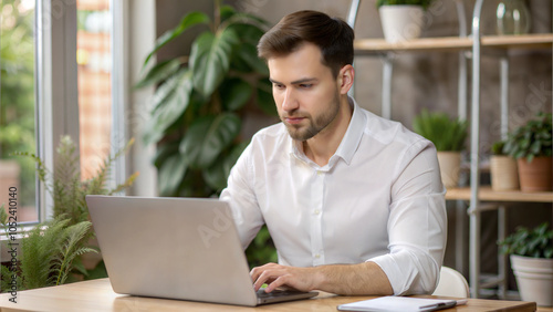 Man working remotely on laptop in modern home office with green plants and natural light