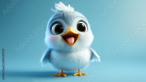 A cute, fluffy blue bird with large eyes and a cheerful expression stands against a soft blue background, exuding a playful and joyful vibe.