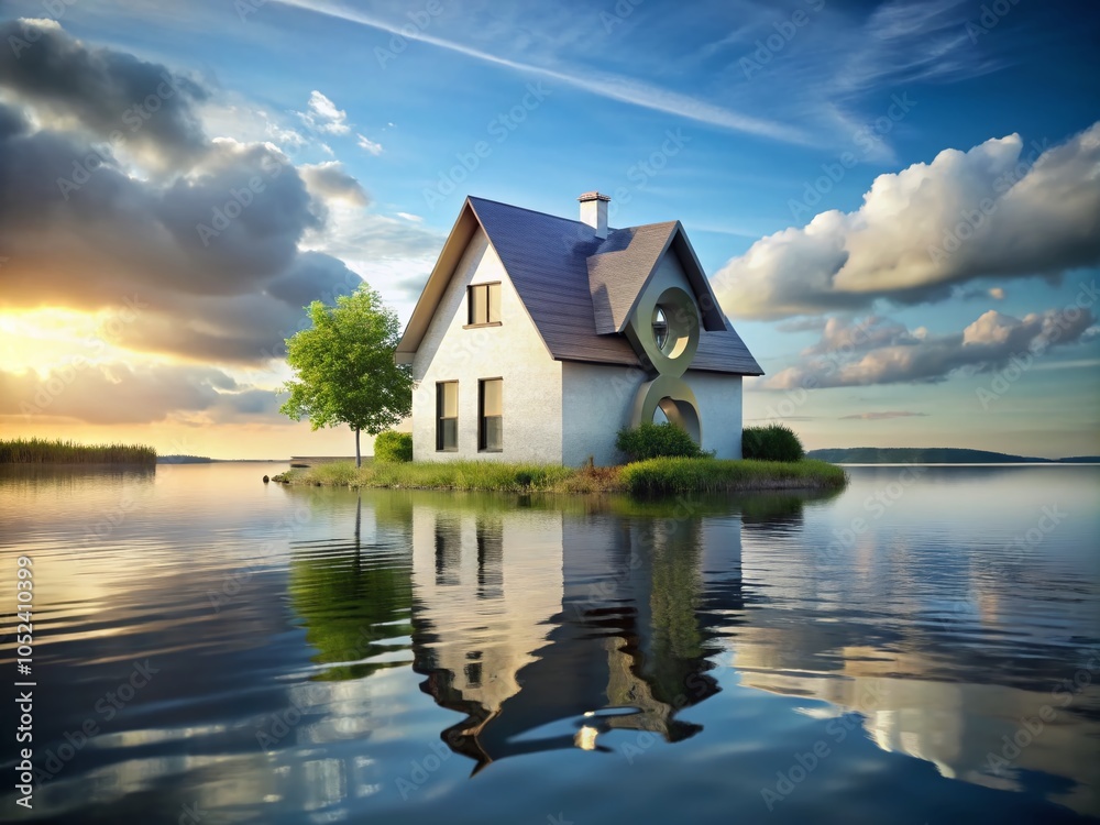 Fototapeta premium House Floating on Water with Percentage Sign for Financial Concepts and Real Estate Marketing
