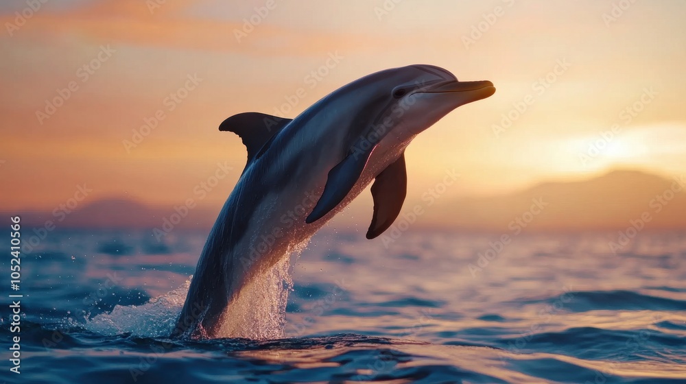 Naklejka premium Dolphin Performing High Jump at Sunset Over Ocean