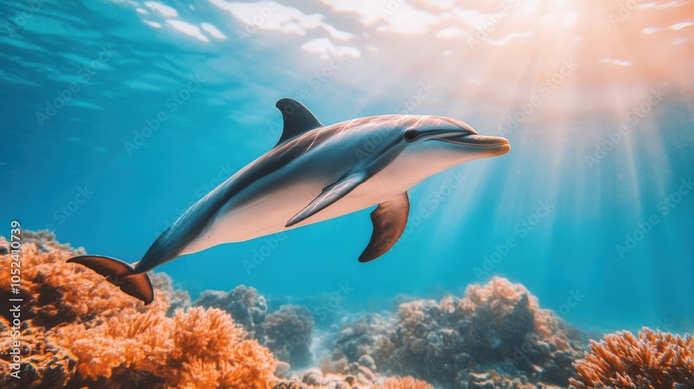 Obraz premium Dolphin Swimming Near Coral Reef at Sunrise