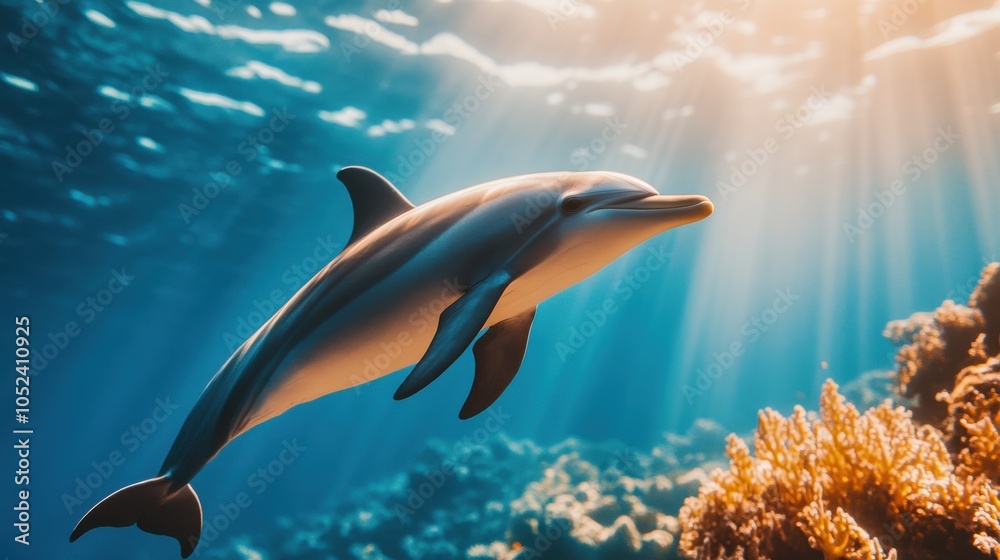 Obraz premium Dolphin Swimming Near Coral Reef at Sunrise