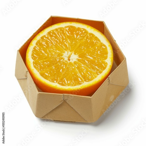 Single slice of orange fruit is resting in a hexagonally shaped cardboard box on a white background