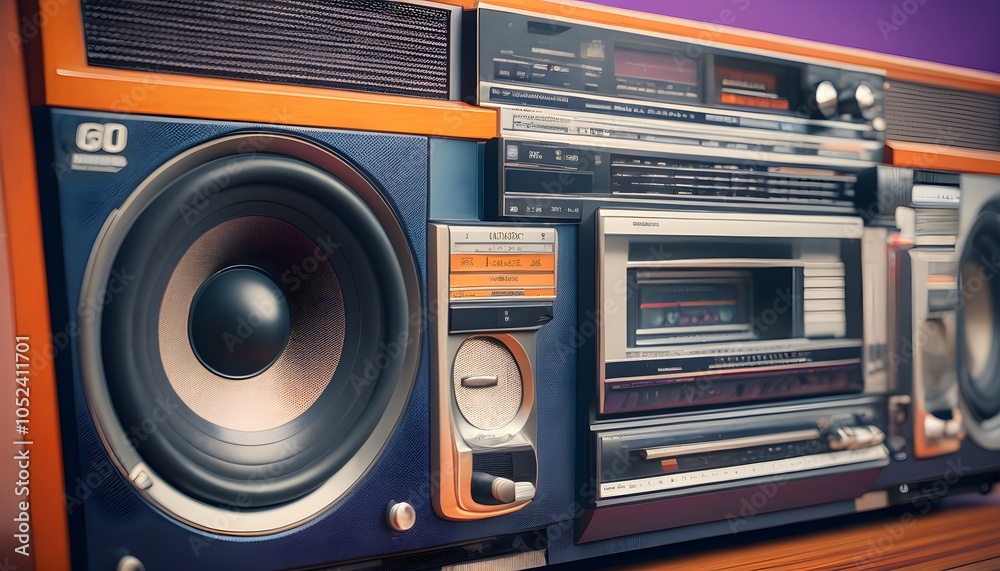 ภาพประกอบสต็อก Retro stereo tape deck speaker with vintage audio ...