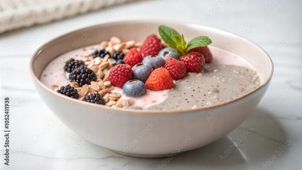 Healthy breakfast bowl with oatmeal, fresh berries, and mint leaves in wooden bowl Healthy breakfast bowl with oatmeal, fresh berries, and mint leaves in wooden bowl