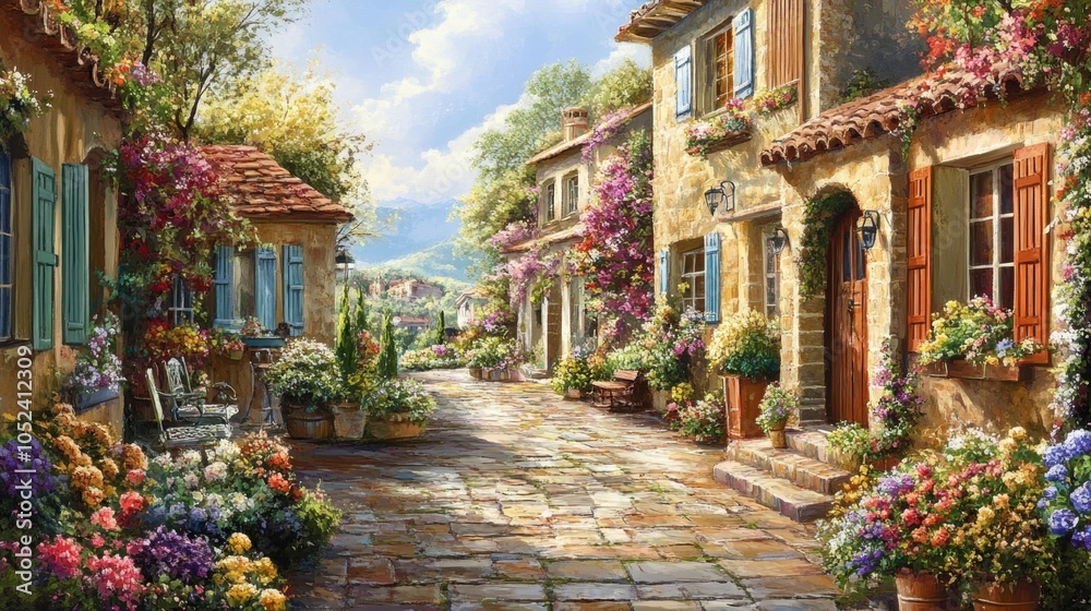 Fototapeta premium Charming Flower-Laden Streets in a Scenic Village