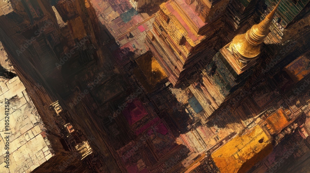 Aerial View of Abstract Cityscape with Golden Structures Aerial View of Abstract Cityscape with Golden Structures