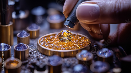 Artisan setting a gemstone into a gold ring at the workbench: A jewelerâs hands hold a small tool to set a sparkling gemstone into a gold ring. The workbench is cluttered with magn photo