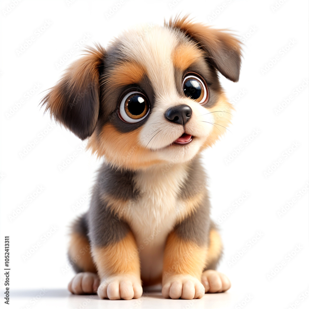 A cute beige and white puppy with large eyes and a sad expression, sitting on a plain background A cute beige and white puppy with large eyes and a sad expression, sitting on a plain background