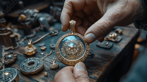 Jeweler inspecting a gold pendant under a magnifying glass: A jewelerâs hands hold a magnifying glass up to a beautifully crafted gold pendant, examining the details closely. The w